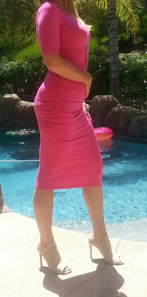 hot pink midi dress with sleeves