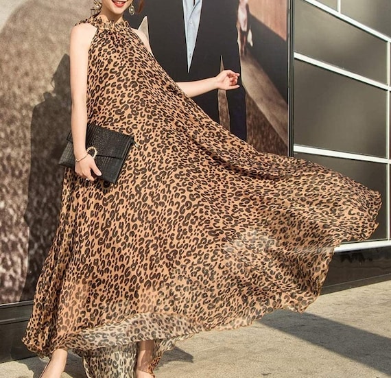 Maya Antonia Custom Leopard Tie-on Waist Chiffon Maxi Dress,  Sleeveless,loose,wedding  Guest/bridesmaids/maternity/photoshoot/plus/fall/party -  Canada