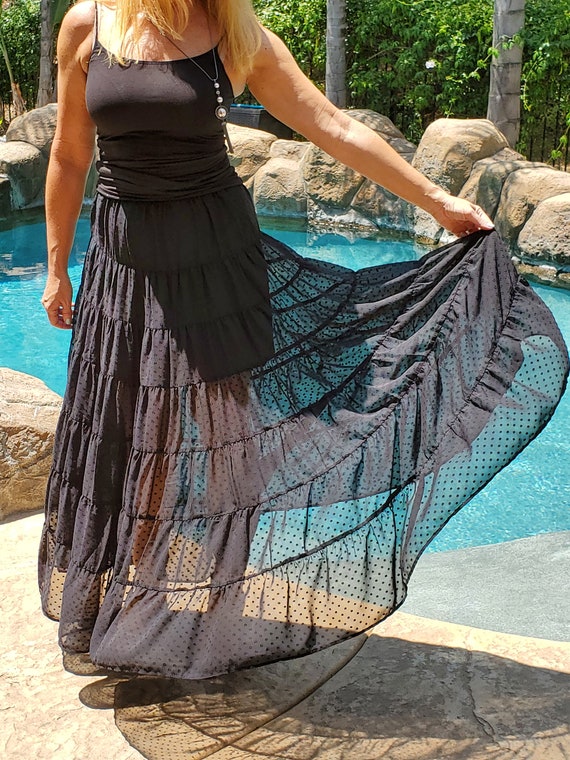 Maya Antonia Black Long Maxi Skirt Sheer Chiffon Lace High Waist