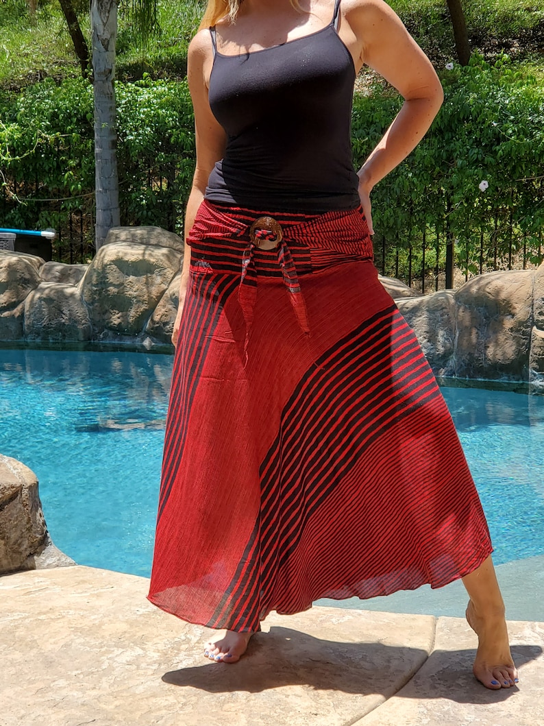 Maya Antonia Beach-Bohemian Women Maxi Skirt,Red Stripes Smocked Waist,Boho Gypsy Hippie Style Clothing Convertible SkirtStrapless Dress
