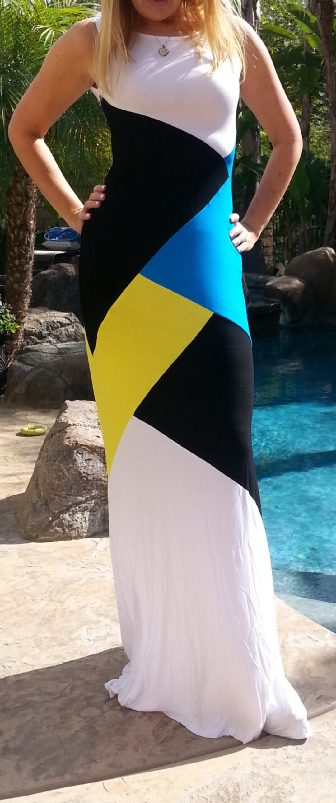 Maya Antonia-blue-yellow-black-white Color-block Maxi - Etsy