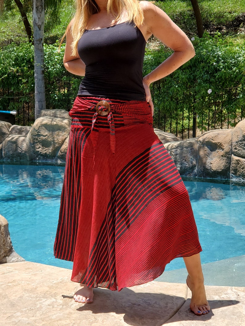 Maya Antonia Beach-Bohemian Women Maxi Skirt,Red Stripes Smocked Waist,Boho Gypsy Hippie Style Clothing Convertible SkirtStrapless Dress