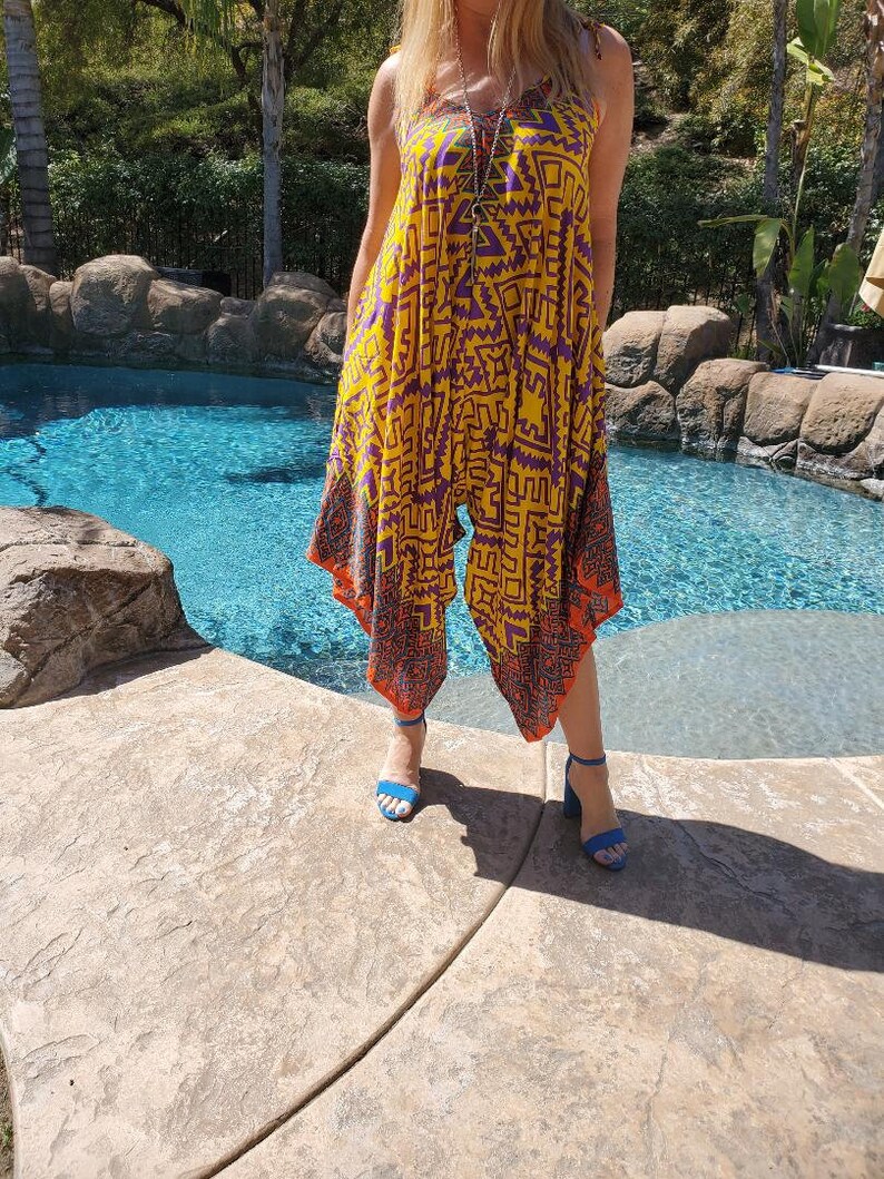 Ikat Maya Antonia Yellow-Purple Wide-Leg Harem Plus SizeMaternity Pockets Vacation Loose RomperJumpsuit Adjustable Tie-on Straps