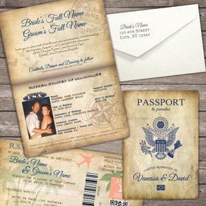 Convites de casamento no destino de Vanessa - DIY - Passaporte de casamento genérico antigo e amostra de cartão de embarque
