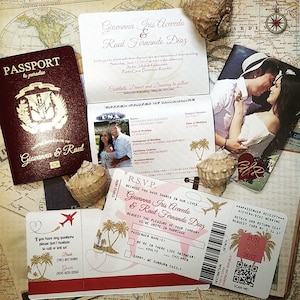 Faire-part de mariage à destination de Vanessa - DIY - Couverture en similicuir + Échantillon de passeport de mariage générique et de carte d'embarquement en aluminium