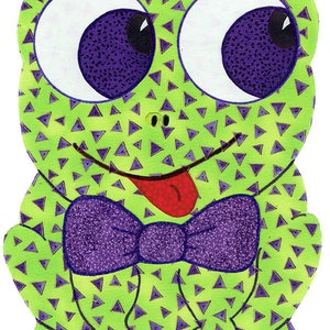 May include: A green frog with large, white eyes and purple pupils. The frog is wearing a purple bow tie and has a red tongue sticking out. The frog's body is covered in a pattern of small, green triangles.