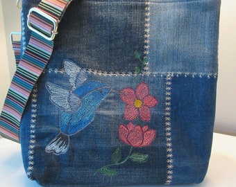 One-of-a-Kind Denim Cross Body Bag featuring a Playful Hummingbird - Sustainable Style
