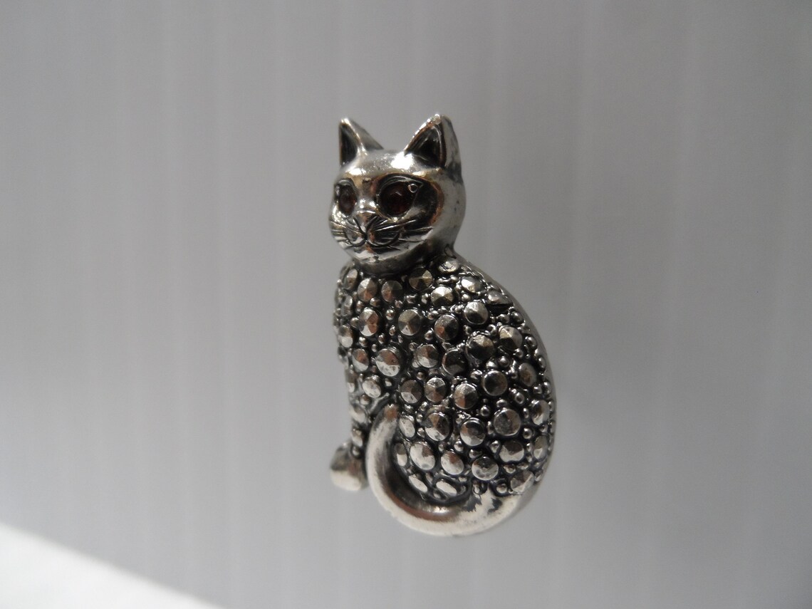 Vintage Miniature Silver Tone Cat Pin Citrine Gem Eyes Etsy