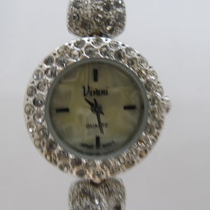 Vintage Vivani Quartz Women&#39;s Watch, Mother Of Pearl Dial, Stainless Steel Heart Themed Bracelet, Rhine stone accents, 7&quot;
