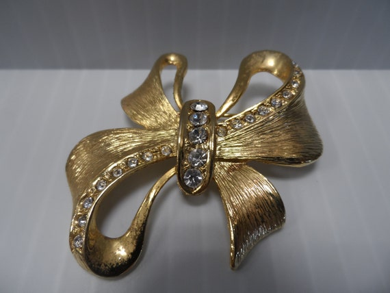 Vintage Ribbon Bow Brooch with Rhinestones Signed… - image 1