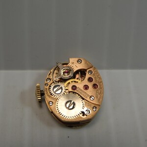May include: Close-up of a gold-toned watch movement with intricate gears and a red jewel. The movement is labeled "Eterna-Matic" and "Swiss Made".