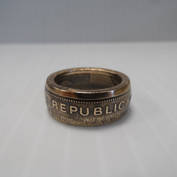 Coin Ring Costa Rica From a Circulated Brass 1999 Coin, 100 Colones, Antique Finish, 2 Layers of Enamel Clear, Size 8