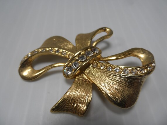 Vintage Ribbon Bow Brooch with Rhinestones Signed… - image 2