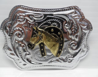 Vintage 1970s Western Belt Buckle, Gold Horse on Chrome - Etsy