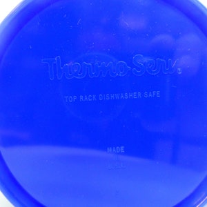 May include: Blue plastic cup with the words "Thermo-Serv" and "Top Rack Dishwasher Safe" printed on the bottom. The cup also has "Made in USA" printed on the bottom.