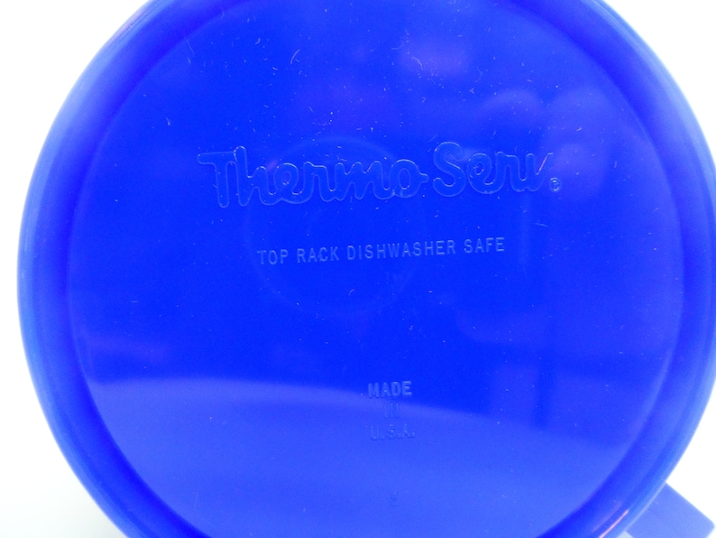 May include: Blue plastic cup with the words "Thermo-Serv" and "Top Rack Dishwasher Safe" printed on the bottom. The cup also has "Made in USA" printed on the bottom.