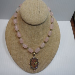 Vintage Pink Quartz Necklace w/ Brass & Pink Mother of Pearl Pendant Accented by Pink Quarts Stones.