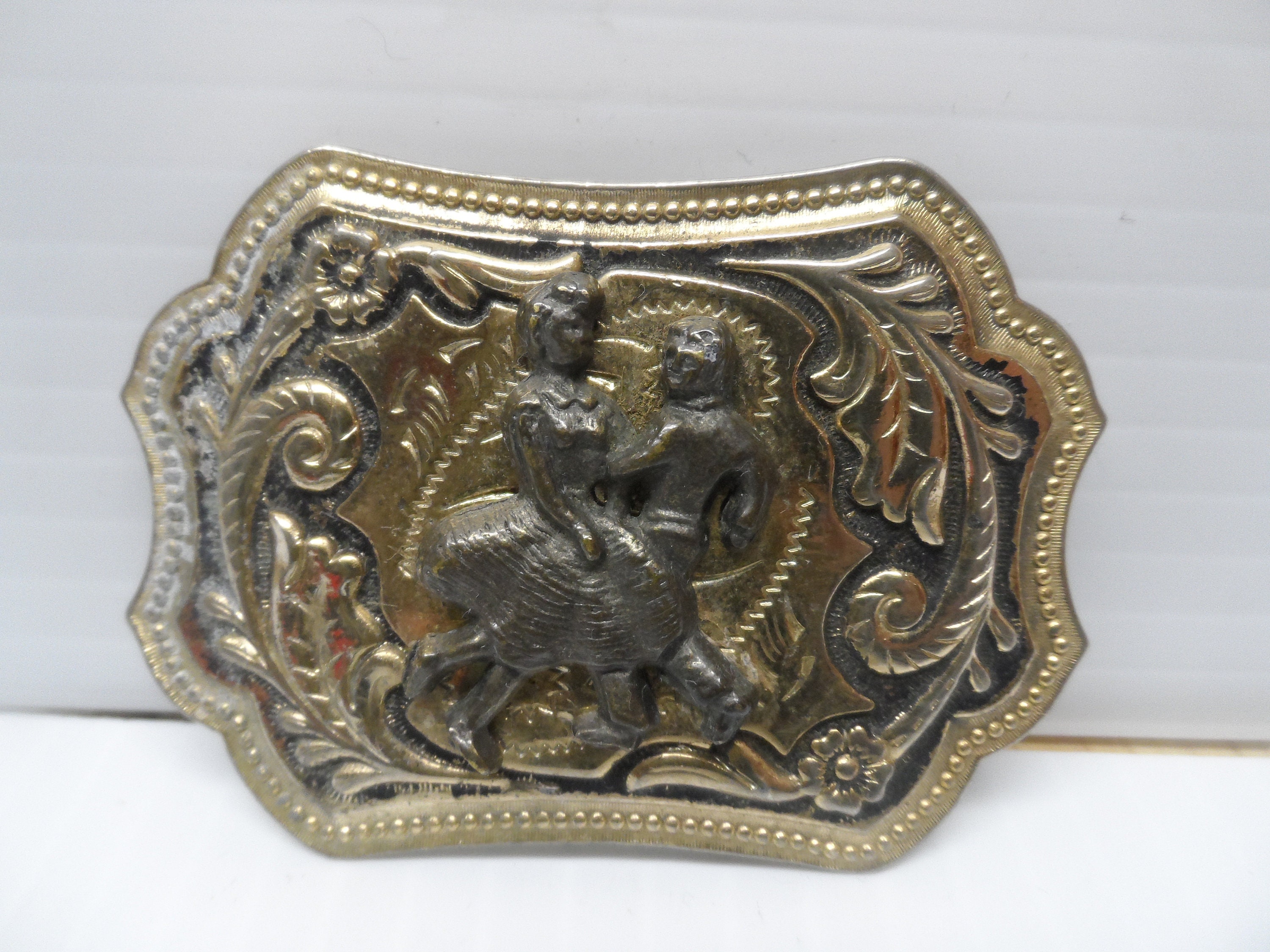 Vintage Western Country Dance Themed Gold Tone Belt Buckle 