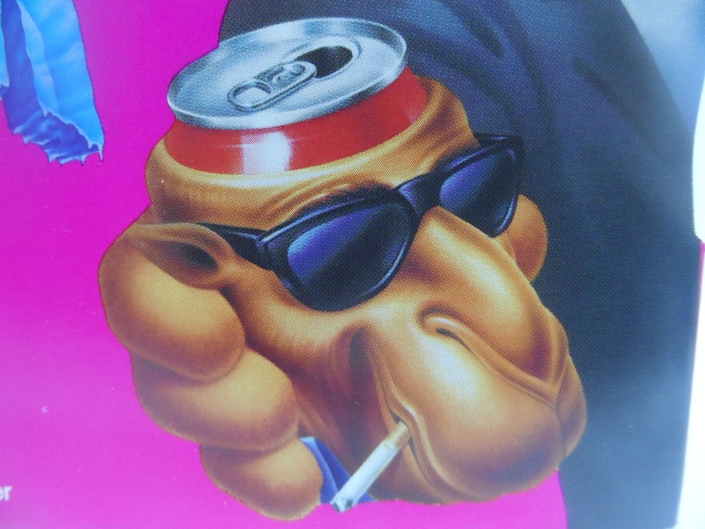 May include: A cartoon camel wearing sunglasses and holding a can of soda with a cigarette in its mouth.