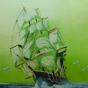 Vintage Nautical Schooner/Clipper Canvas Painting Signed Millon, 10&quot;x8&quot;x1&quot;
