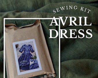 SEWING KIT AVRIL Forest green linen dress, linen  dress, vintage inspired dress, button down dress, dress with sleeves