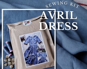 SEWING KIT AVRIL Parisian blue linen dress, linen  dress, vintage inspired dress, button down dress, dress with sleeves