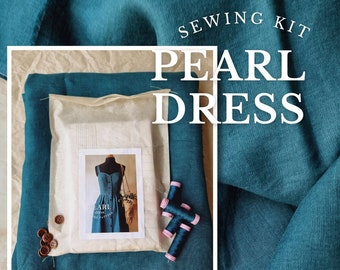 SEWING KIT PEARL Dark teal linen dress, sleeveless dress, linen  dress, vintage inspired dress, button down dress, straps dress