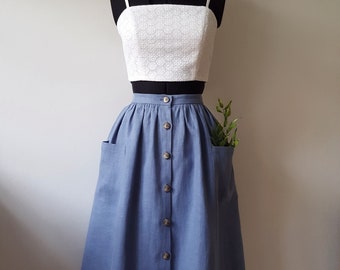 FLORENCE Pastel Blue linen skirt with buttons, tea length, gathered skirt, 1950s inspired skirt