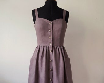 PEARL Mauve linen dress, sleeveless dress, linen dress, midi dress, vintage inspired dress, button down dress, straps dress