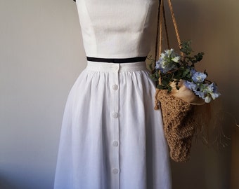 Gereserveerd voor E. SIENNA Witte linnen rok met knopen, theelengte, geplooide rok, jaren 50 geïnspireerde rok
