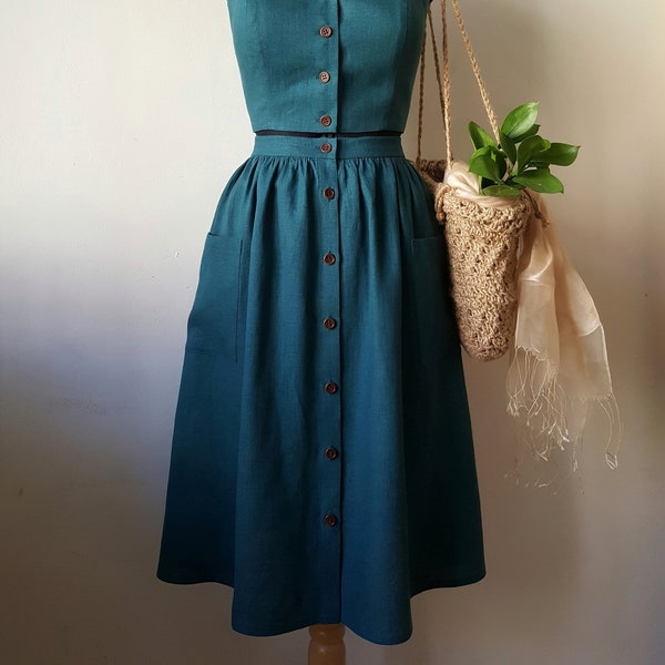FLORENCE Dark teal linen skirt with buttons, tea length, gathered skirt, 1950s inspired skirt