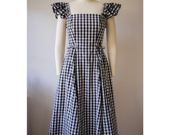 INES GINGHAM Creamy and Black Cotton Midi Dress