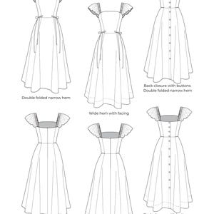 Puede incluir: Una ilustraci&oacute;n t&eacute;cnica de moda que muestra seis variaciones de un vestido con tirantes de volantes el&aacute;sticos. Los dise&ntilde;os presentan diferentes acabados de dobladillo, incluyendo dobladillos estrechos de doblez doble y dobladillos anchos con vistas, y cierres traseros con botones o cremalleras invisibles.