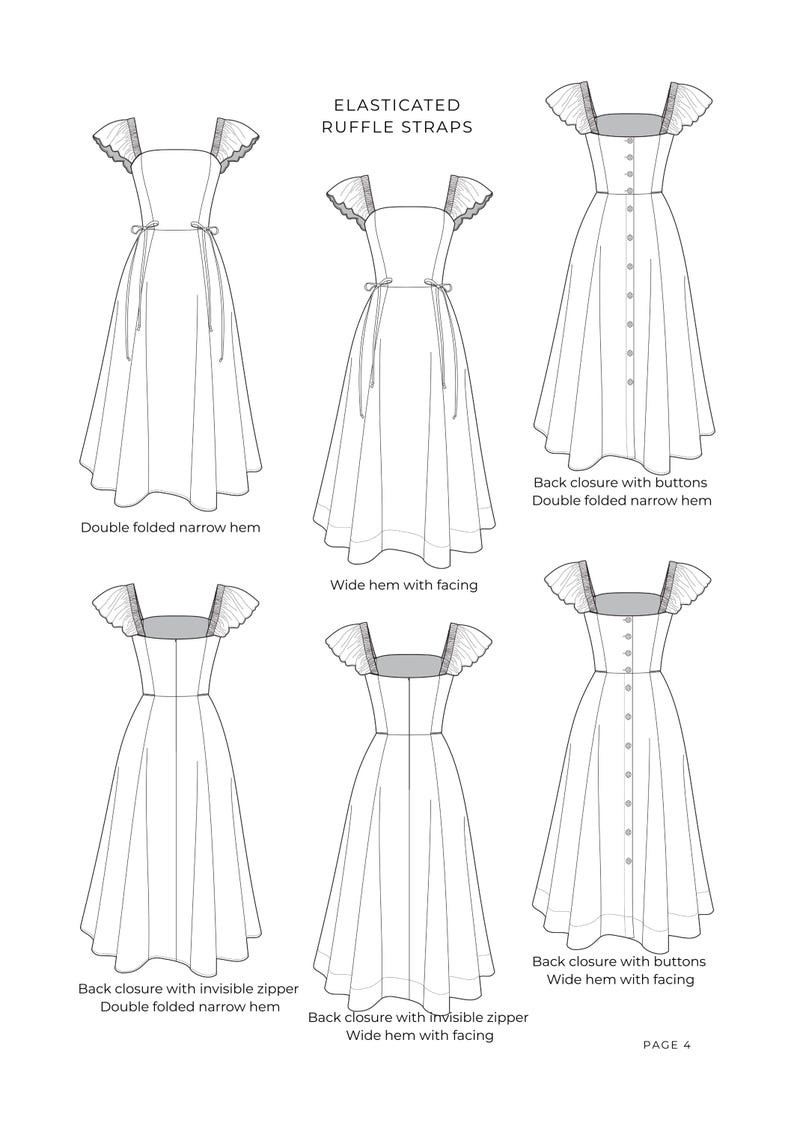 Puede incluir: Una ilustraci&oacute;n t&eacute;cnica de moda que muestra seis variaciones de un vestido con tirantes de volantes el&aacute;sticos. Los dise&ntilde;os presentan diferentes acabados de dobladillo, incluyendo dobladillos estrechos de doblez doble y dobladillos anchos con vistas, y cierres traseros con botones o cremalleras invisibles.