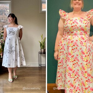 Puede incluir: Dos vestidos midi con escote cuadrado y mangas con volantes. El vestido de la izquierda es blanco con un patr&oacute;n de hojas grises. El vestido de la derecha presenta un estampado floral vibrante con flores rosas, naranjas y amarillas.