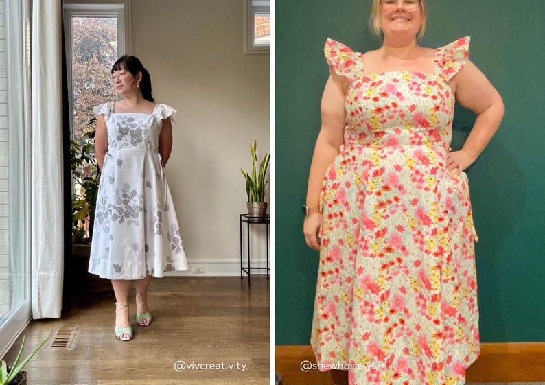 Puede incluir: Dos vestidos midi con escote cuadrado y mangas con volantes. El vestido de la izquierda es blanco con un patr&oacute;n de hojas grises. El vestido de la derecha presenta un estampado floral vibrante con flores rosas, naranjas y amarillas.