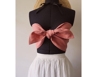 SYDNEY Coral pink Linen bow tie top, us 4 / uk 8 / eu 36