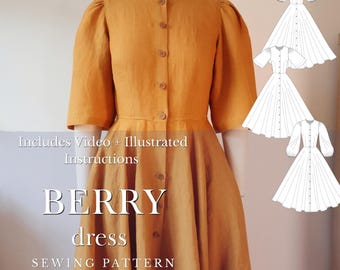 Berry Dress Sewing Pattern, Round Neckline, Circle Skirt (Digital Download)