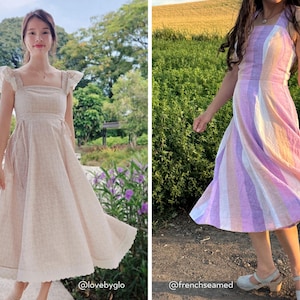 Puede incluir: Dos vestidos midi. El vestido de la izquierda es de color beige claro liso con mangas de volante y escote cuadrado. El vestido de la derecha presenta rayas verticales en tonos morado, rosa y blanco con cuerpo sin mangas y falda acampanada.