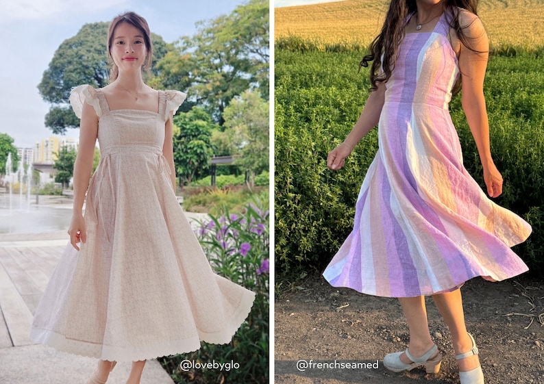 Puede incluir: Dos vestidos midi. El vestido de la izquierda es de color beige claro liso con mangas de volante y escote cuadrado. El vestido de la derecha presenta rayas verticales en tonos morado, rosa y blanco con cuerpo sin mangas y falda acampanada.