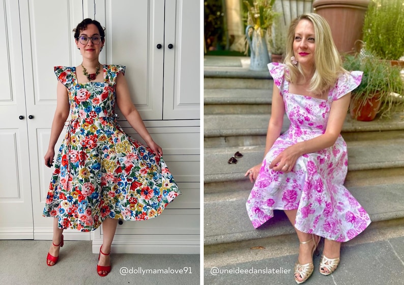 Puede incluir: Un vestido midi con escote cuadrado y mangas cortas con volantes. El vestido est&aacute; disponible en dos estampados: uno con un vibrante dise&ntilde;o floral multicolor con flores rojas, azules y amarillas, y otro con un estampado floral en rosa y blanco.