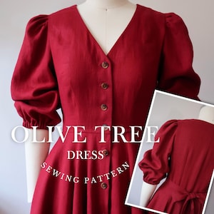 Puede incluir: Un vestido de lino rojo con escote en V y cierre de botones. El vestido tiene mangas abullonadas y una falda fruncida. El vestido está etiquetado como "Olive Tree Dress Sewing Pattern".