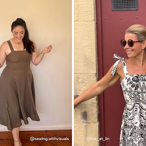 Puede incluir: Un vestido midi de color verde oliva liso con tirantes anchos y falda acampanada, junto a un vestido midi blanco con estampado bot&aacute;nico negro, escote cuadrado y tirantes que se atan con lazos en la parte superior de los hombros.