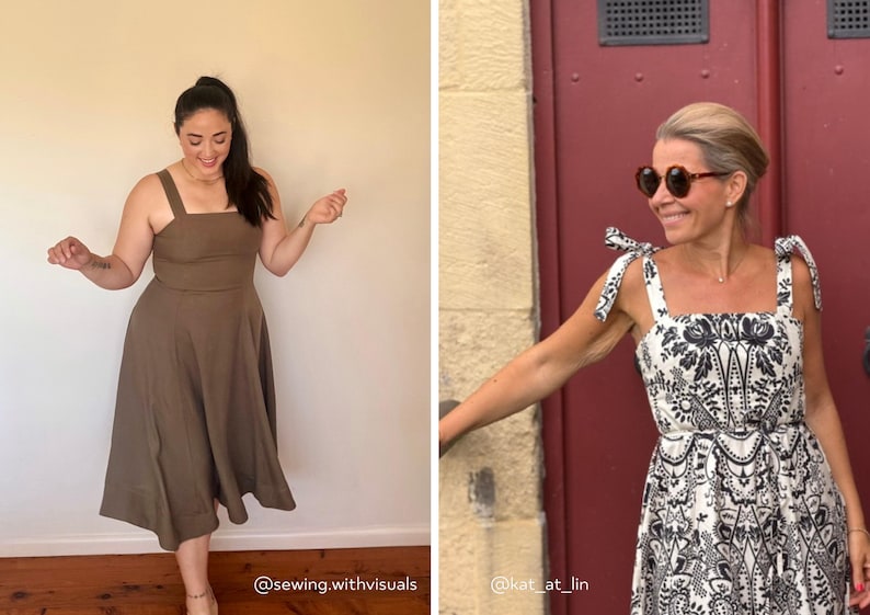 Puede incluir: Un vestido midi de color verde oliva liso con tirantes anchos y falda acampanada, junto a un vestido midi blanco con estampado bot&aacute;nico negro, escote cuadrado y tirantes que se atan con lazos en la parte superior de los hombros.