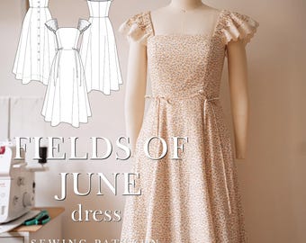Fields of June Dress Sewing Pattern, Vintage Inspired, Midi Skirt, Ruffle Straps (Digital Download)