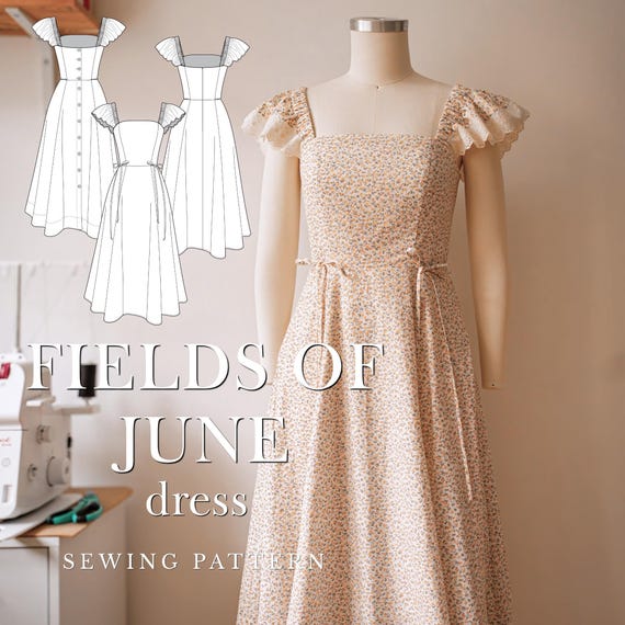 Fields of June Dress Sewing Pattern, Vintage Inspired, Midi Skirt, Ruffle Straps (Digital Download)
