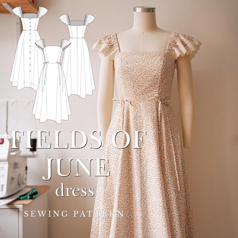 Puede incluir: Un vestido midi con escote cuadrado, mangas con volantes y un peque&ntilde;o estampado floral en tonos amarillos y azules. El vestido cuenta con lazos laterales en la cintura y se muestra en un maniqu&iacute;. Texto: FIELDS OF JUNE dress SEWING PATTERN.