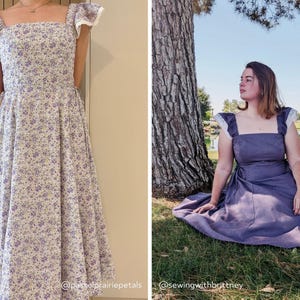 Puede incluir: Un vestido midi con escote cuadrado, mangas con volantes y ribete blanco, y un corpi&ntilde;o ajustado que se abre en una falda amplia. La tela presenta un estampado floral peque&ntilde;o de color morado sobre fondo blanco. El texto dice @pastolprairiepetals.