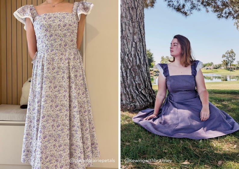 Puede incluir: Un vestido midi con escote cuadrado, mangas con volantes y ribete blanco, y un corpi&ntilde;o ajustado que se abre en una falda amplia. La tela presenta un estampado floral peque&ntilde;o de color morado sobre fondo blanco. El texto dice @pastolprairiepetals.