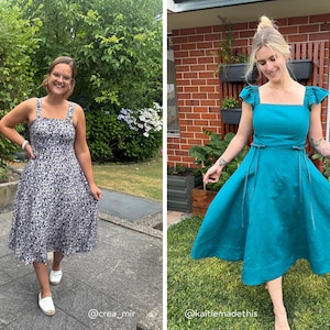 Puede incluir: Un vestido midi con escote cuadrado y tirantes anchos con un estampado floral en blanco y negro, junto a un vestido midi liso de color verde azulado con mangas de volantes, escote cuadrado y un cintur&oacute;n fino de lazo en la cintura.